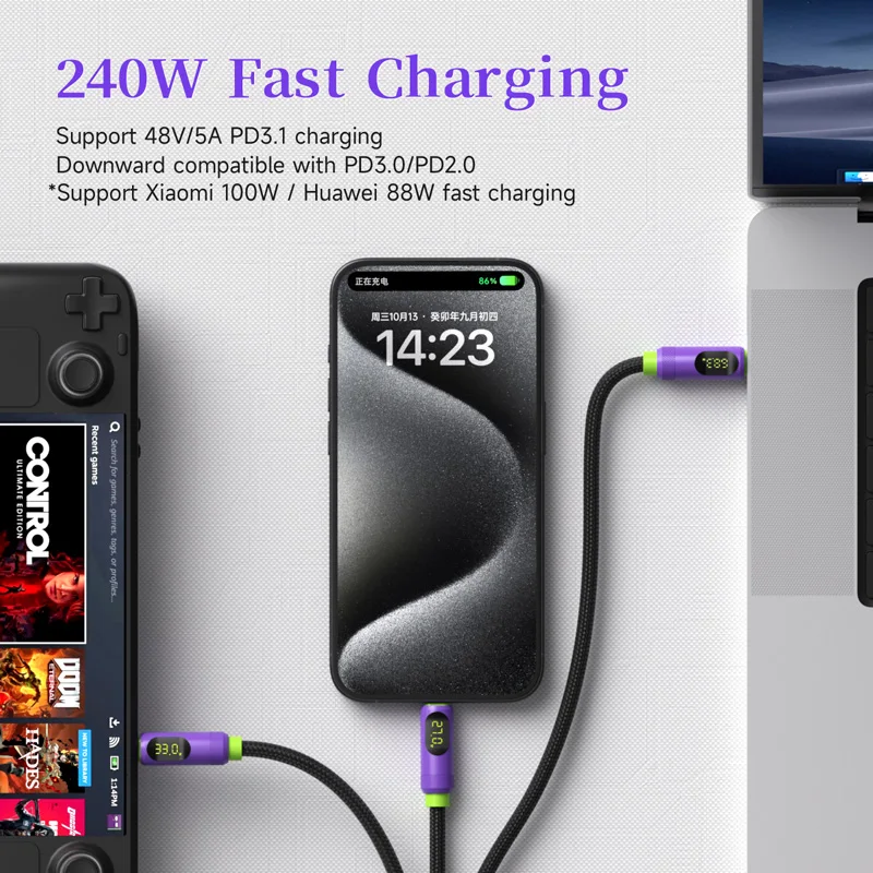 Магнитный кабель Hagibis USB C — USB C со светодиодным дисплеем Кабель для зарядного устройства USB C Type-c PD 240 Вт Шнур для быстрой зарядки для iPhone 1615 (art.: 3920c9be655eb) - 3920c9be655eb