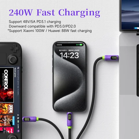 Магнитный кабель Hagibis USB C — USB C со светодиодным дисплеем Кабель для зарядного устройства USB C Type-c PD 240 Вт Шнур для быстрой зарядки для iPhone 16/17