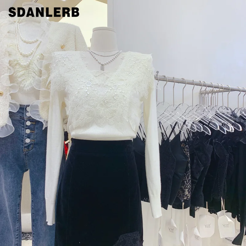 

Осень-зима 2021, пуловер с V-образным вырезом, кружевной вязаный облегающий вязаный крючком свитер составного кроя с длинным рукавом, Женский ...