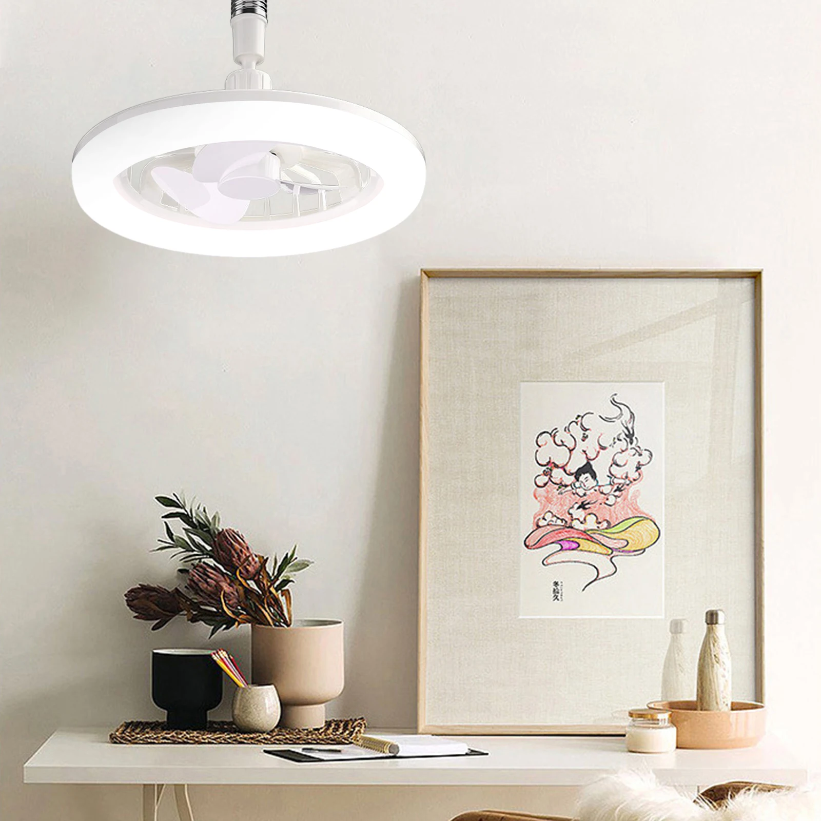 

LED Fan Lamp E27 Light Holder Ceiling Fan Lights with Remote Control 3 Speeds Wind Timing 5-blade for Bedroom Dormitory