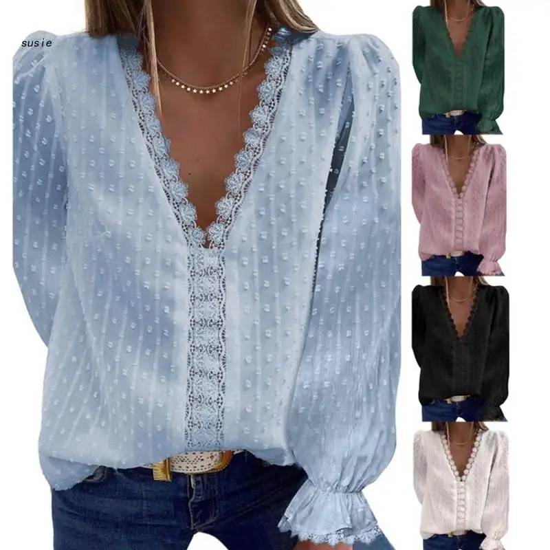 

X7YA Women Puff Long Sleeve Plain Tunic Shirt Lace Trim V-Neck Swiss-Dot Chiffon Tops