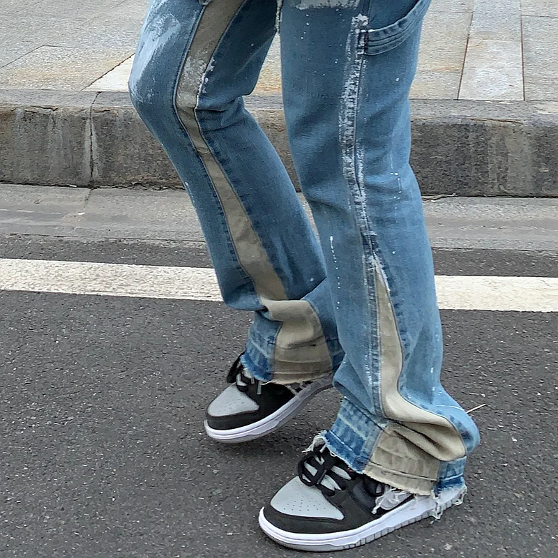 

2024 High street jeans VUJADE splashed ink stitching deconstructed retro flared pants casual trousers KZ853