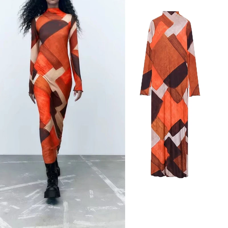 

Новое длинное платье с полувысоким воротником и принтом на осень и зиму 2022, облегающее повседневное модное платье для женщин