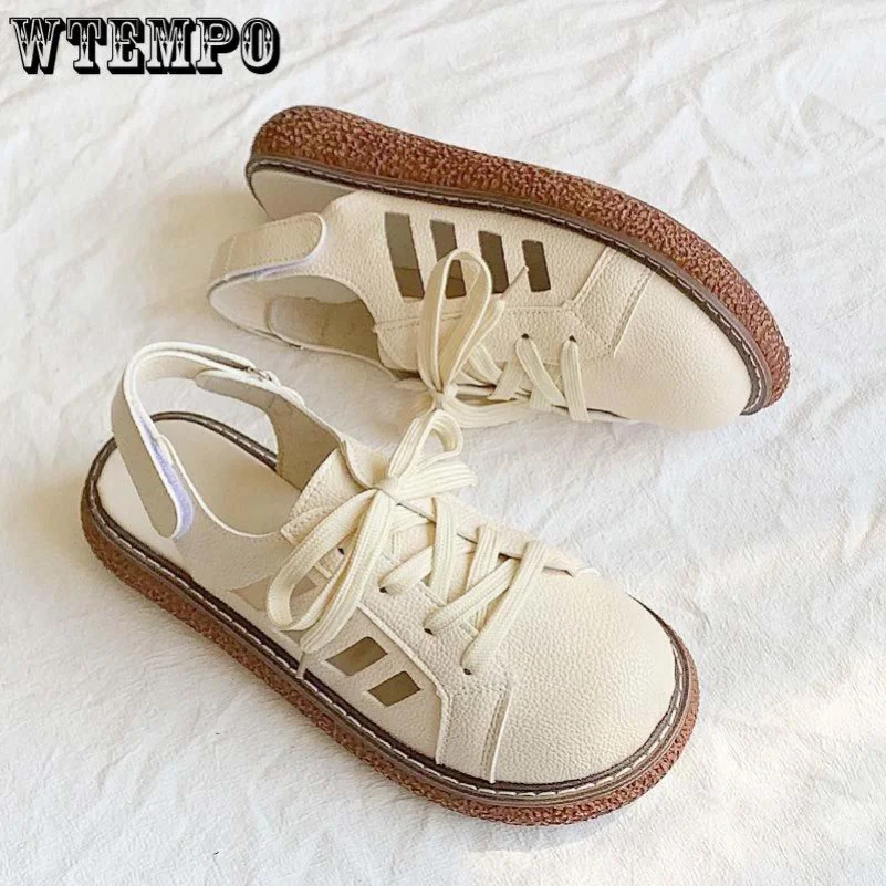 

PU Thick Sole Round Toe Roman Sandals Women Hook&Loop Lace-up Flat Bottom Simple Casual Comfort Modern Sandals Summer Wholesale