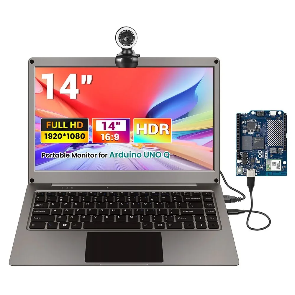 Фото Портативный монитор Elecrow CrowView Note 14 дюймов IPS 1080P с Arduino UNO Q, USB-C, встроенной HD-камерой и динамиком для SBC-ноутбуков №1