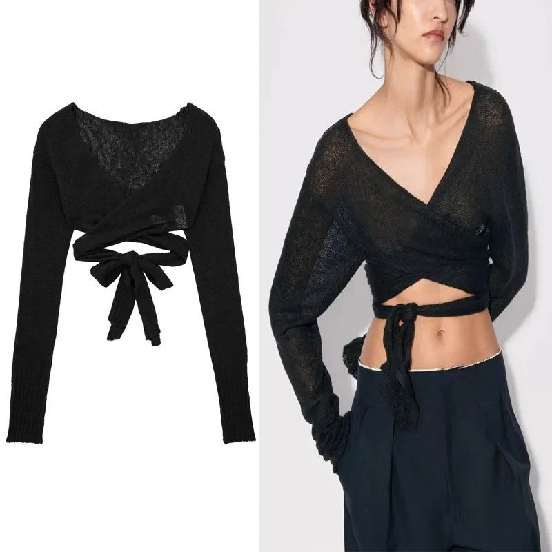 

Женский укороченный Кардиган с длинным рукавом и V-образным вырезом