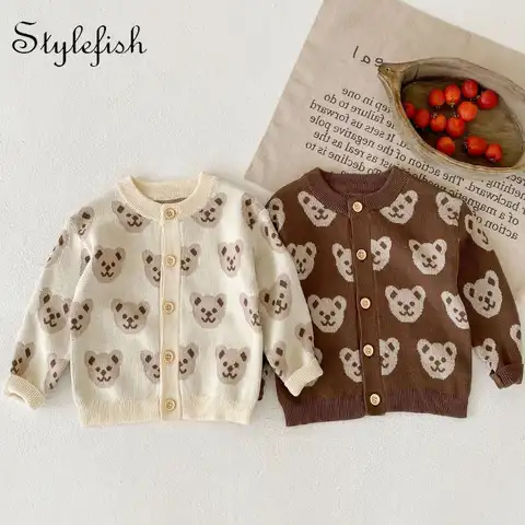 Новый осенне-зимний Кардиган для младенцев, теплый жаккардовый вязаный свитер для мальчиков и девочек с изображением медведя, Детское паль...