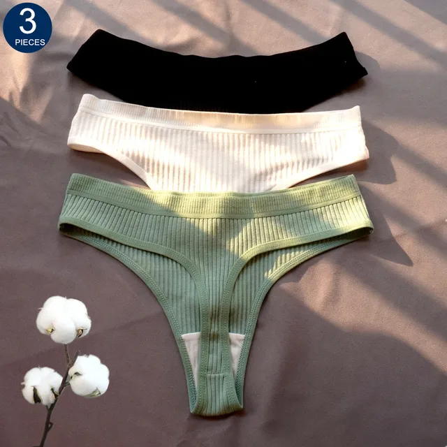 3 Pcs Seamless Women's Ribbed Cotton Thongs Low Waist Bikini Briefs Underwear