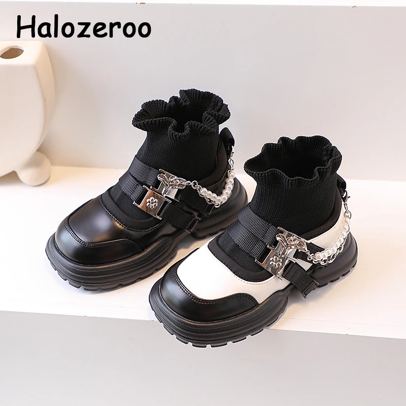

New Kids Fashion Boots Baby Girls Ankle Shoes Children Brand Princess Boots Chain Black Boots Pearl Slip On Platform For Autumn