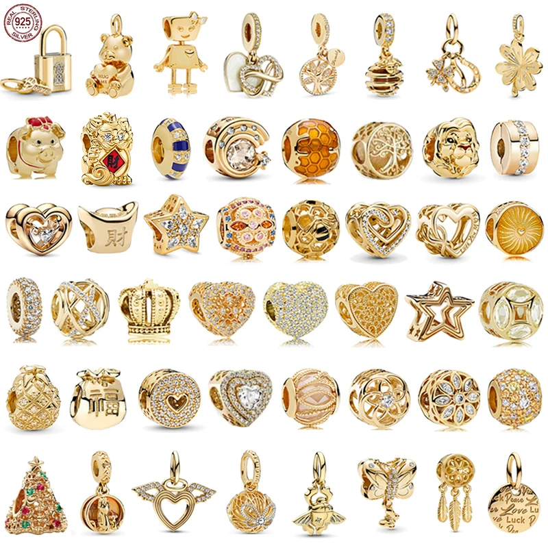 

S925 sterling silver fashion gold series shiny heart-shaped charm beads fit original Pandora bracelet DIY gift