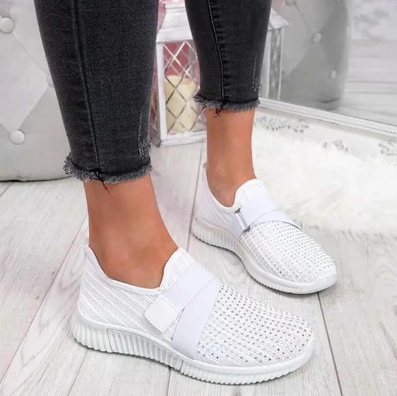 

Кроссовки женские сетчатые, повседневные лоферы, плоская подошва, кристаллы, однотонная спортивная обувь, белые, на осень