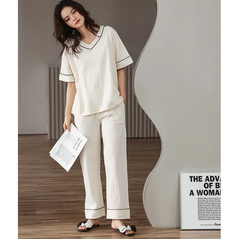 pajamas women's spring  summer short sleeved trousers cotton simple  natural solid color loose  home clothes suit