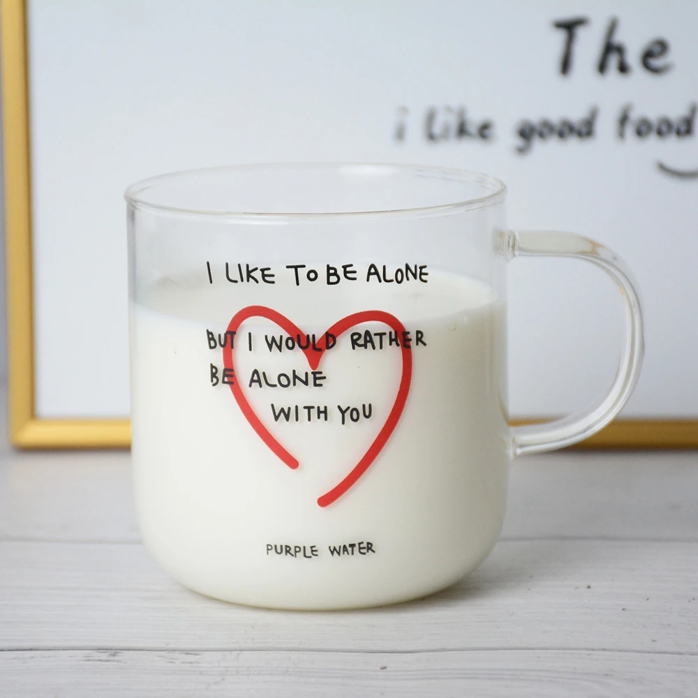 

Heat-Resistant With Handle Glass Cup Breakfast Mug Coffee Tea Milk Mug Creative Letters Mug Transparent Drinkware Couple Gifts