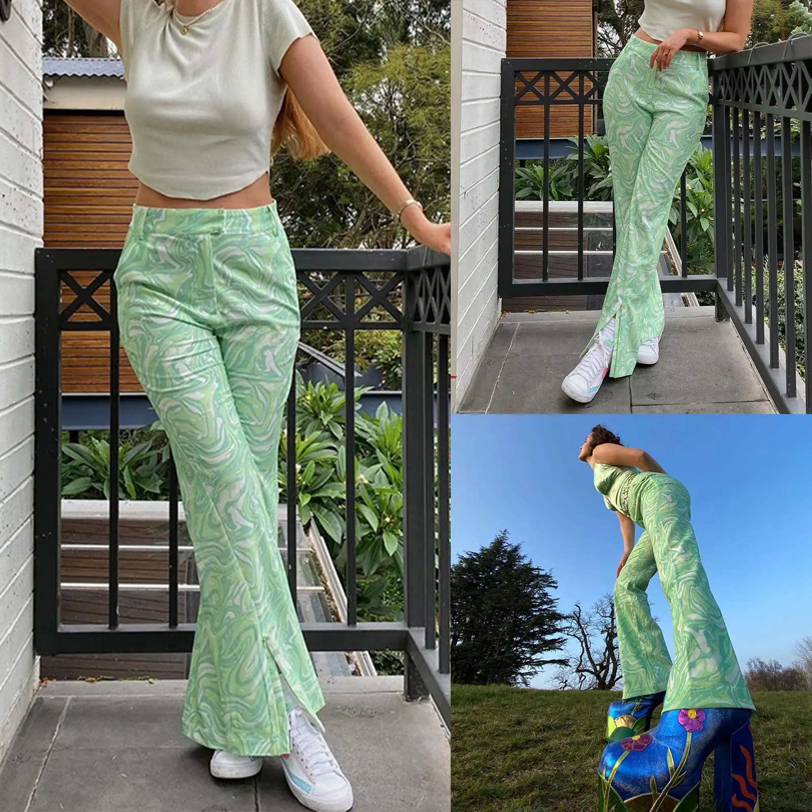 

Female Flared Trousers, Floral Print High Waist Long Bell-Bottomed Pants for Spring Summer Fall, Green, S/M/L/XL/XXL