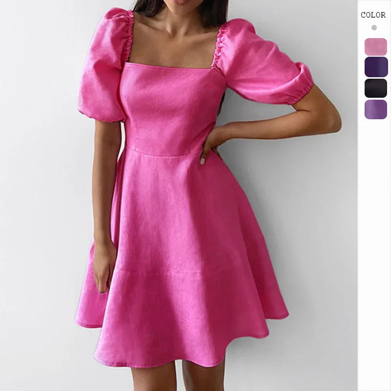 

2023 Independent Station Women's New Temperament Square Collar Short Sleeve High Waist Slimming Dress Skirt