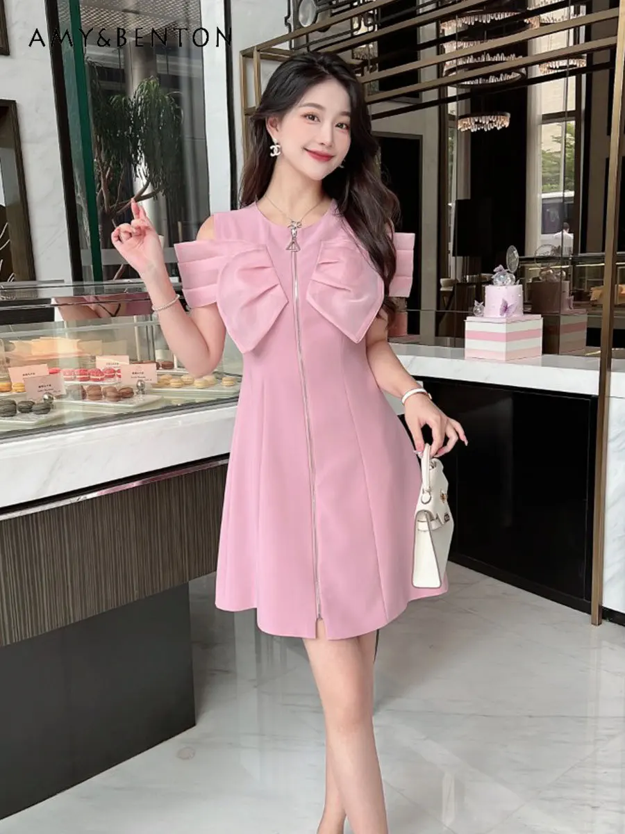 

Женское летнее цельнокроеное платье с коротким рукавом, новинка 2023, элегантные платья средней длины на молнии, с открытыми плечами