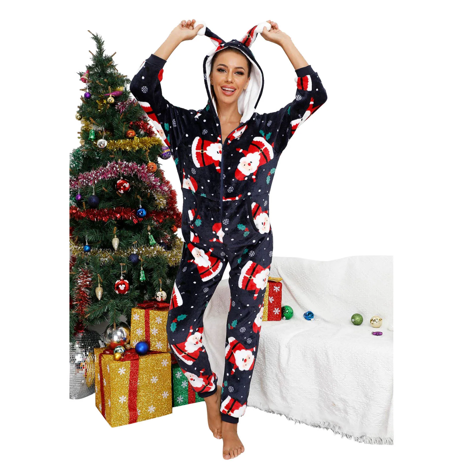 

Women's Santa Claus Little Red Hat Hooded Sleepwear Christmas Fleece Plush Rompers Flannel Printed Pajamas For Women