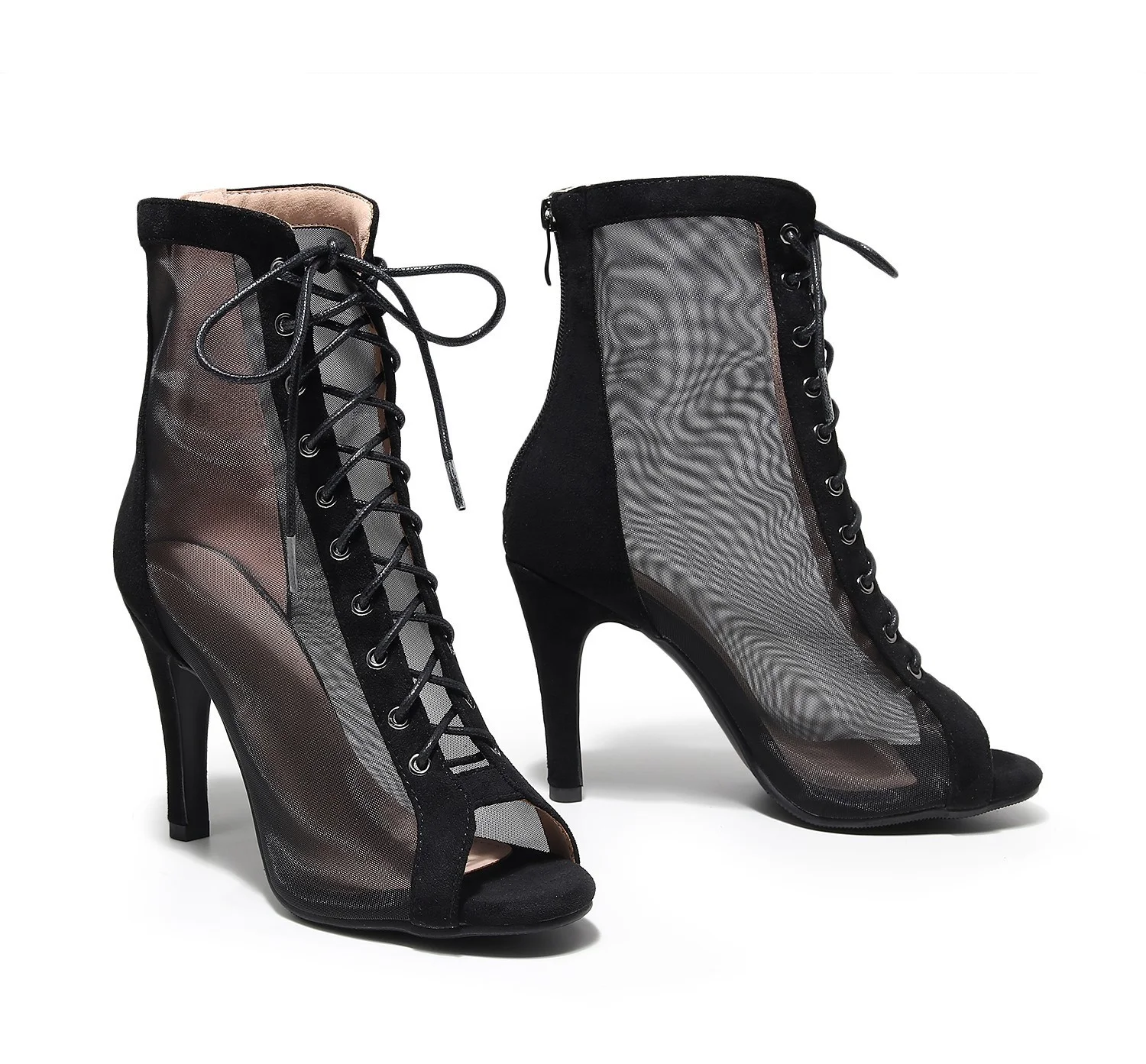 Sgesvier Women Ankle Boots 2023 New Brand Black Flock Deep Satin Latin Lace-up Dancing High Heels Party Salsa Dance Shoes