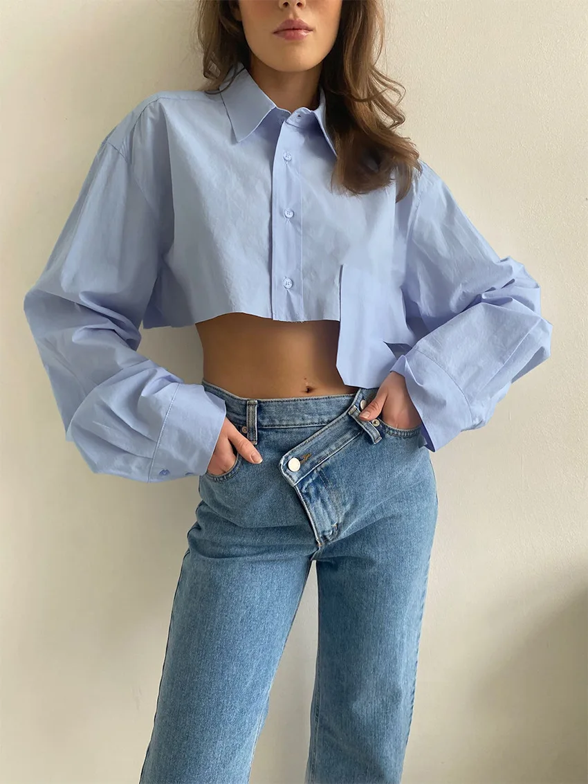 

y2k clothes for women Solid Shirt Single Breasted Lapels Irregular Hem Cropped Tops cheap and pretty blusa feminina