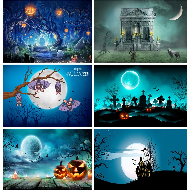 

Halloween Backdrop Pumpkin Lantern Castle Forest Moon Tombstone Baby Photography Background For Photo Studio Props 21802 WS-15