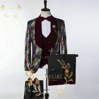 2022 latest designs burgundy rose floral party blazer men suits costume homme groom tuxedos wedding terno masculino 3 pieces