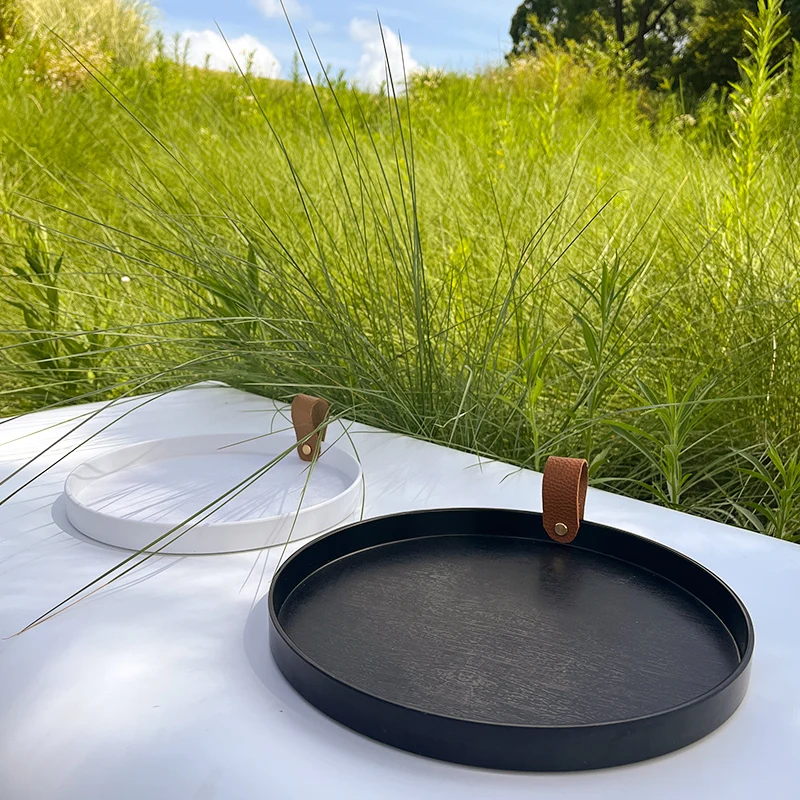 

Leather Handle Round Tray Home Cup Storage Aromatherapy Desktop Fruit Plate Diamine