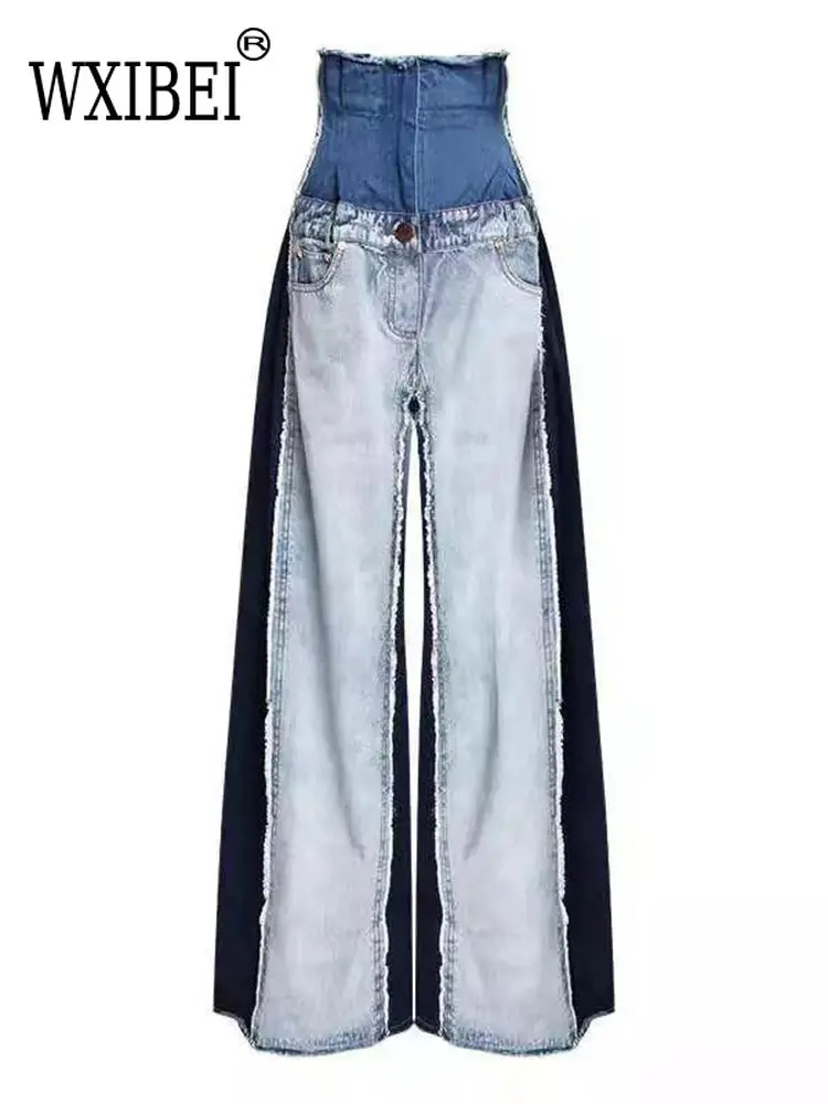 

WXIBEI Casual Denim Patchwork Women Loose Trousers High Waist Contrast Color Wide Leg Pants Female Fashion Autumn 2020 New FC229