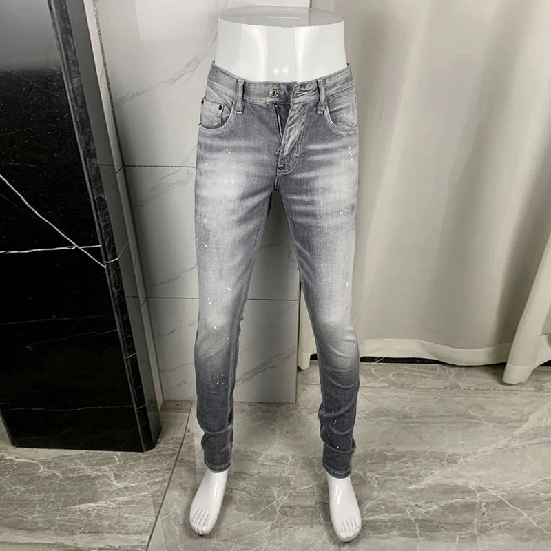 High Street Fashion Мужские джинсы Ретро стираные серые эластичные облегающие рваные