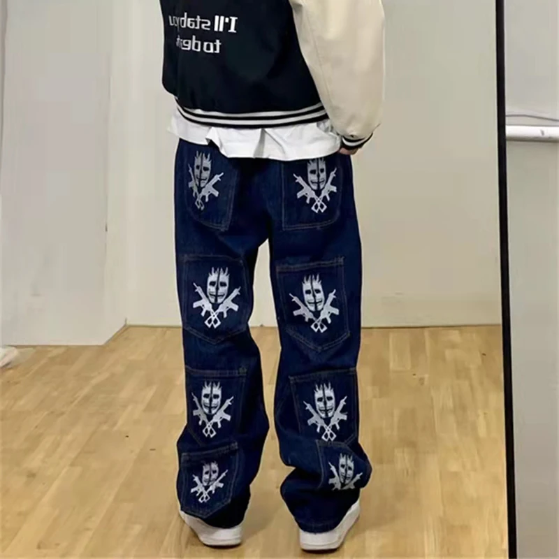 

Retro Skull Gun Embroidery Washed Mens Jeans Pants Straight Spliced Ripped Loose Denim Trousers Oversized Casual Couple Pants