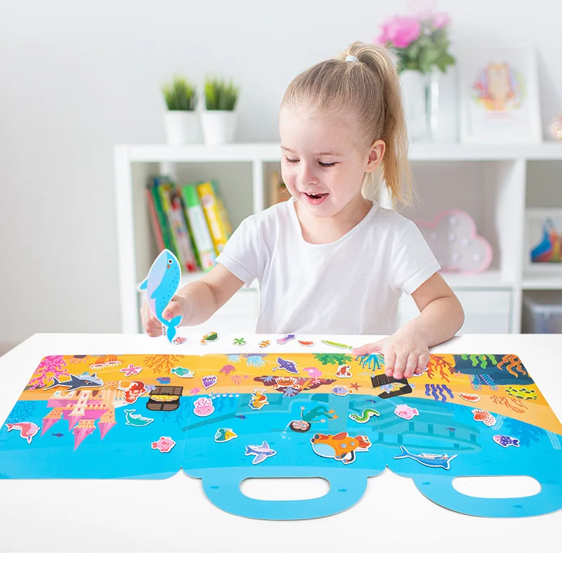 

DIY Children Puzzle Game Scene Magnetic Sticker Quiet Books Dinosaur Space Cognize Educational Learning Toy Activity Busy Board