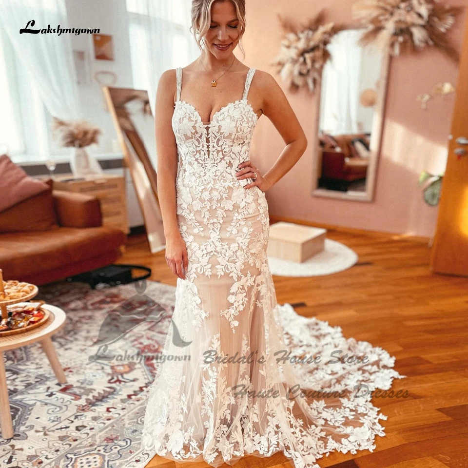 

Lakshmigown Sexy Lace Boho Wedding Dress Mermaid 2023 Vestido Civil Champagne Bridal Wedding Gowns Spaghetti Straps