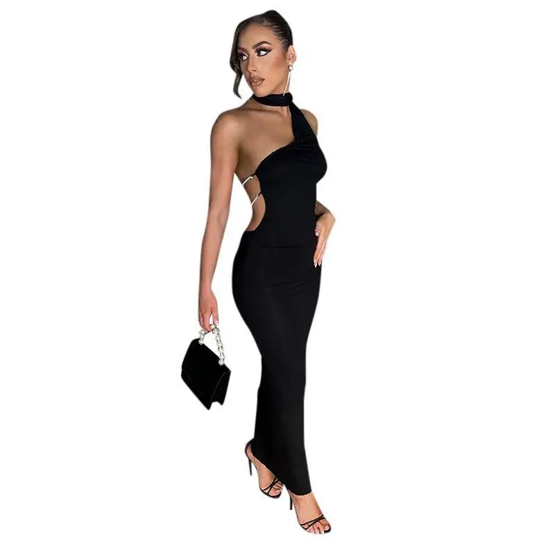 

European And American Women's 2023 Summer New One Shoulder Personalized Hanging Neck Sexy Backless Dress