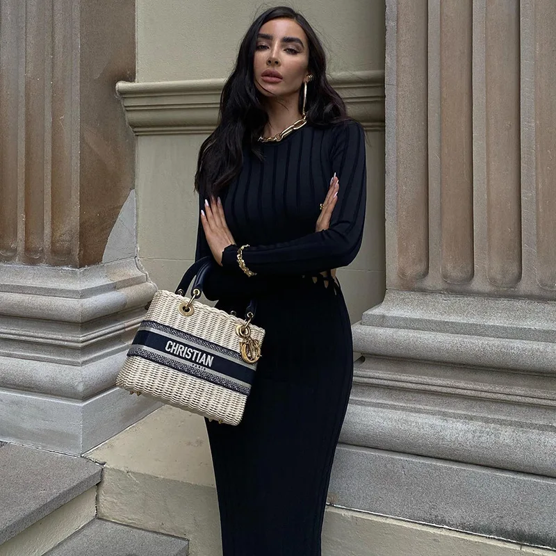 Women's Dress Hollow Out 2023 Autumn Winter Sexy Long Bodycon O-neck Female Evening Dresses Slim Party Club Ladies Vestidos