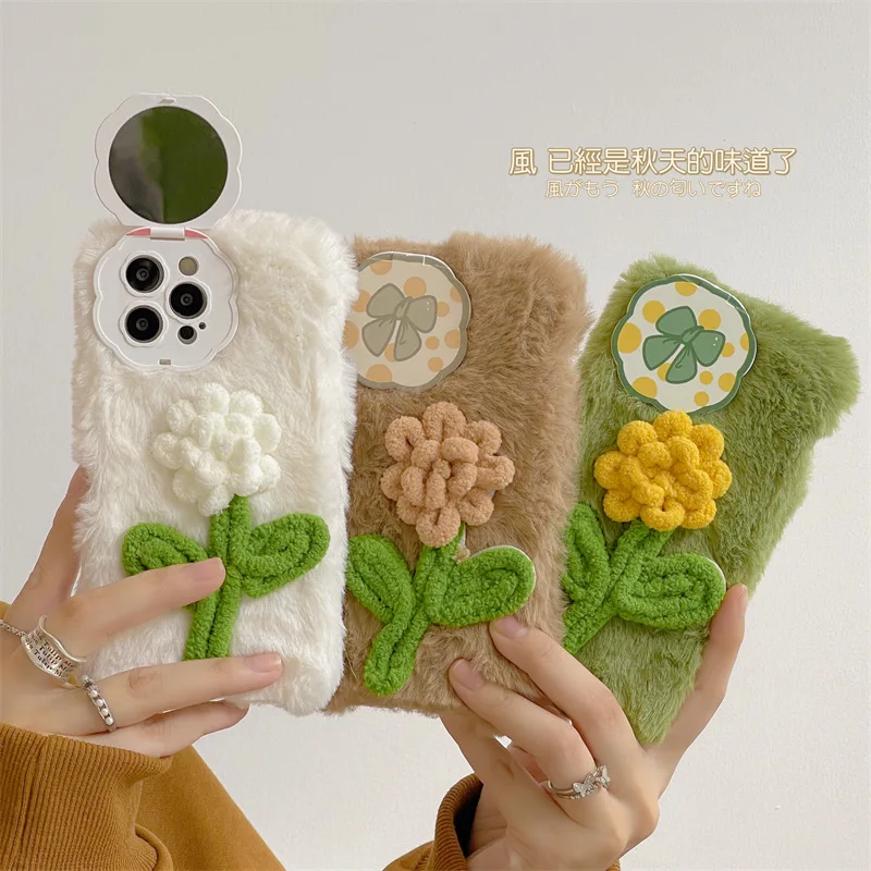 

Soft Cute Fur Flowers Camera Lens Protective Cover Mirror Lovely Mobile Phone Case with Holder for iPhone 14 13 12 11 ProMax