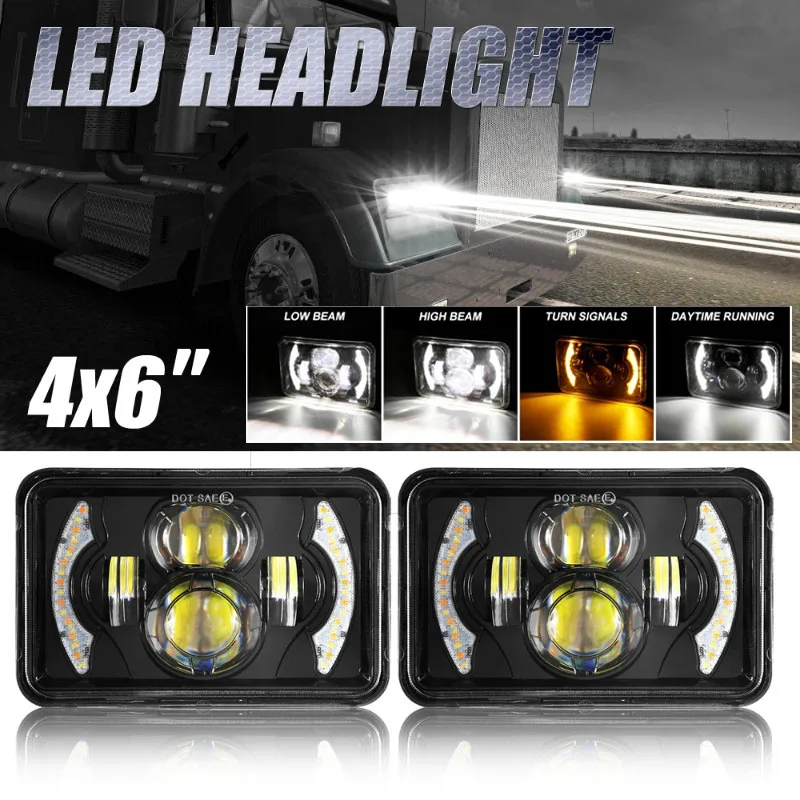 

1/2pcs Rectangle LED Headlights 4x6 Inch High/Low Beam Driving Light with H4 Adapter for Car/Off Road Motorcycle