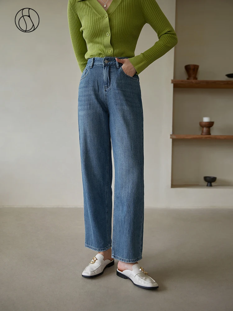 

DUSHU Jeans For Women Ladies Retro High Waist Straight-leg Jeans Winter New Slim Covering Hip Trousers Commuter Denim Blue Pants