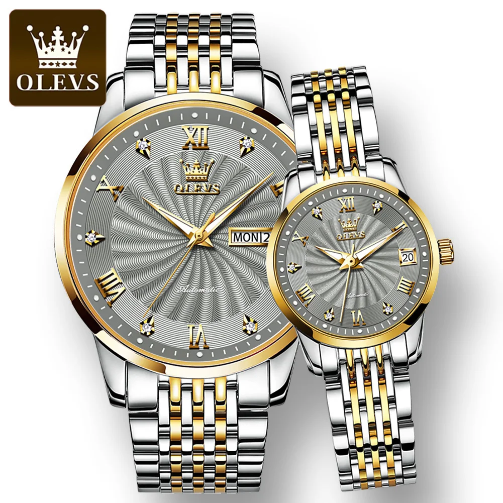 OLEVS Waterproof Fashion Couple  Wristwatches Full-automatic Stainless Steel Strap Automatic Mechanical Watches for Couple