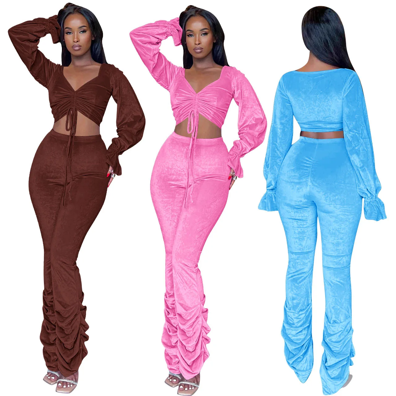 

2023 Autumn Velvet Two Piece Set Womens Outfits Slim Tracksuits Sexy V Neck Long Sleeve Drawstring Crop Top Stacked Pants Suits