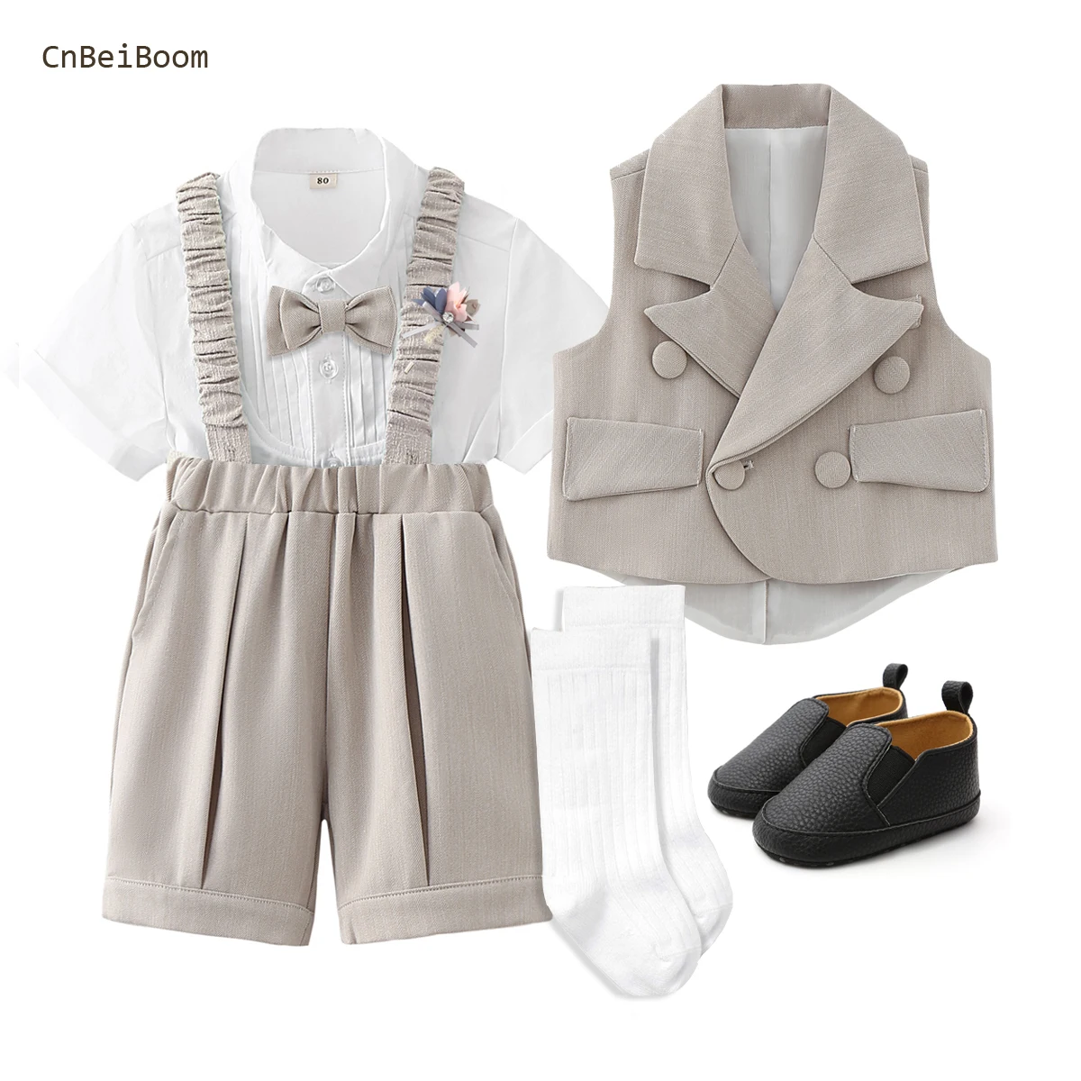 Cnbeiboom Baby Boy Formal Clothes Set Gentleman Birthday Outfit Khaki Tuxedo Vest Shirt Overalls Infant Suits Soft Dress