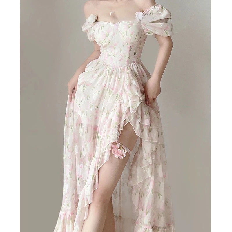 

Французское платье WDMSNA на одно плечо с тонкой талией для женщин, длинные платья с высокой талией, летние платья с вырезом-лодочкой и зауженной талией