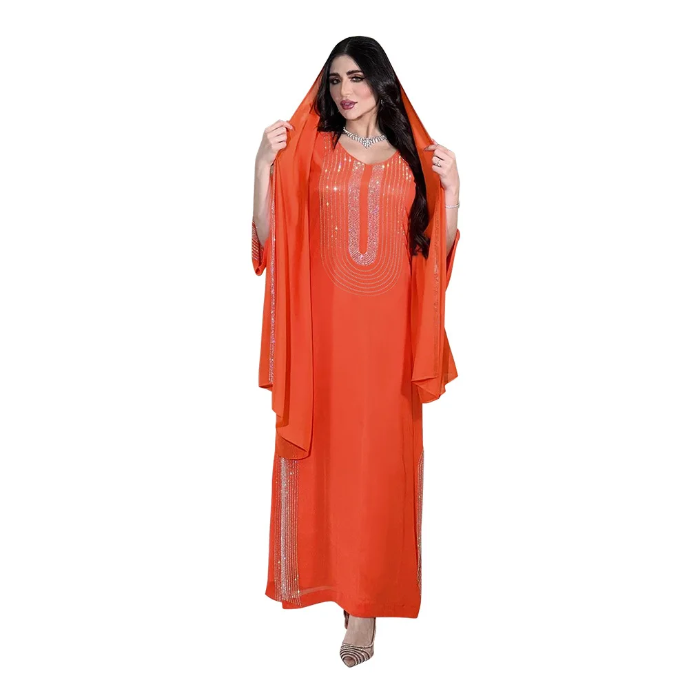 

Женское длинное платье из полиэстера, фиолетовое или оранжевое элегантное платье макси в мусульманском стиле с длинным рукавом и V-образным вырезом, лето-осень 2023