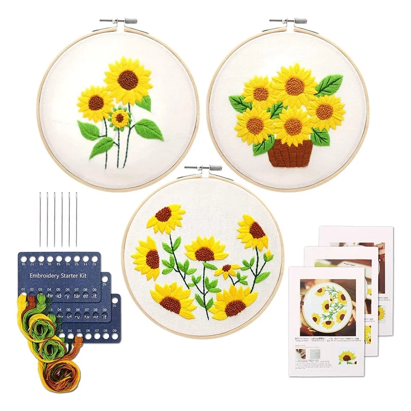 

3 Pack Embroidery Kit - Beginner Embroidery Kit For Adults, Bamboo Embroidery Kit For Beginners