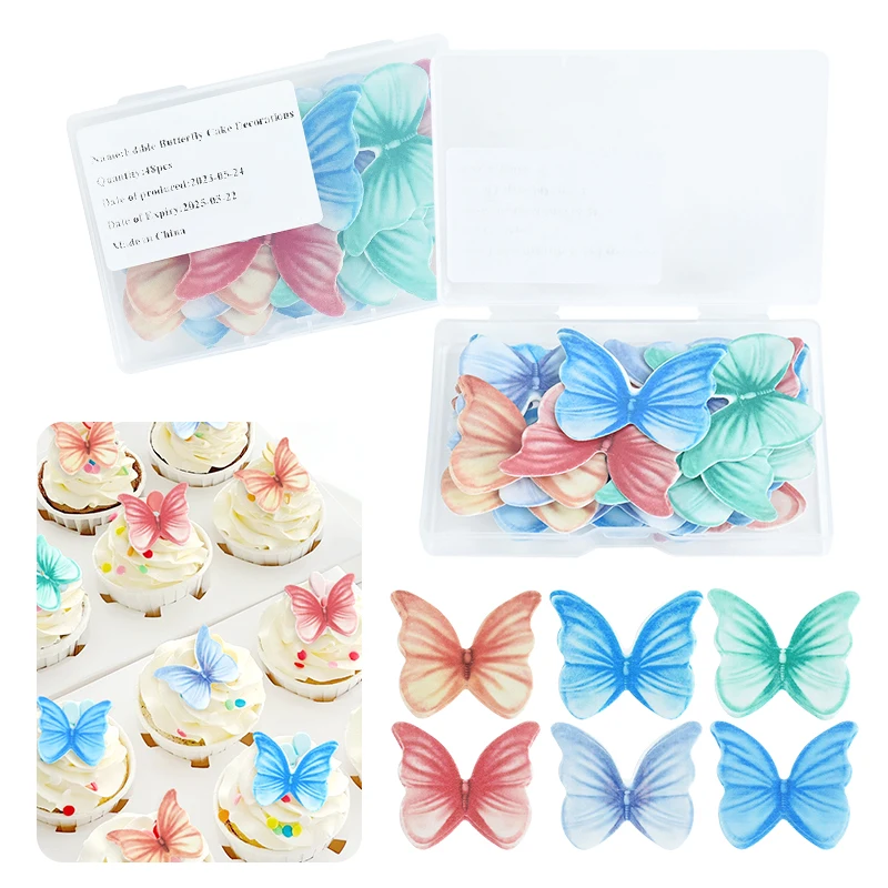 

48pcs/box Edible Wafer Paper Butterflies Cake Cupcake Toppers Happy Birthday Party Cake Decorations DIY Dessert Baking Supplies