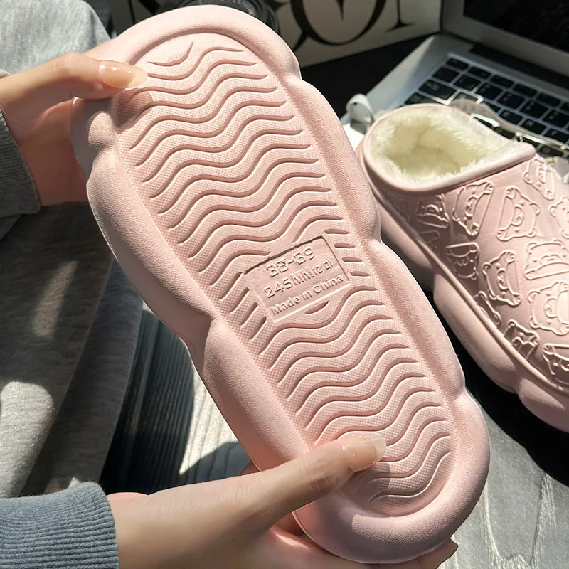 Зимние плюшевые меховые сабо мужские и женские тапочки мультяшный медведь для