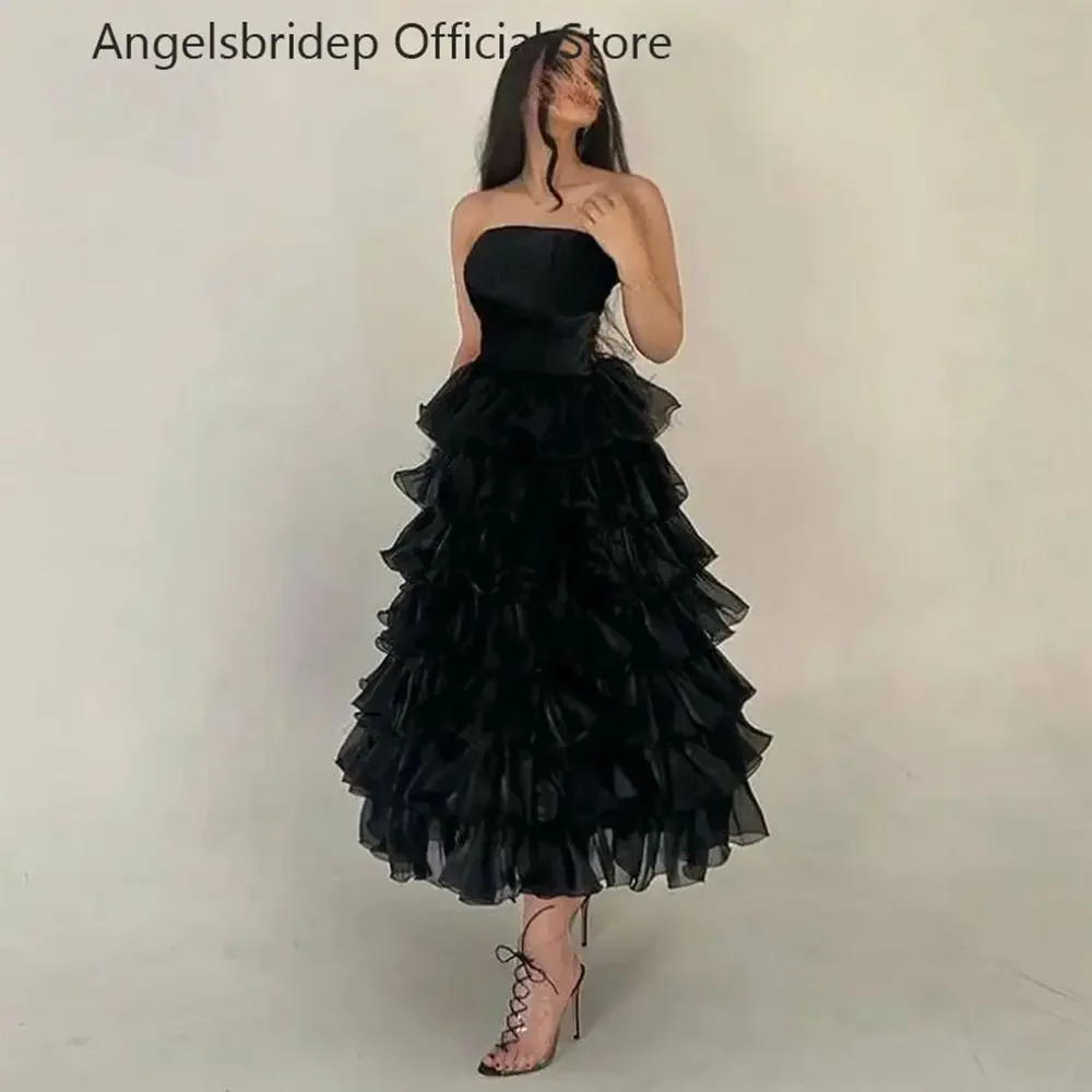 

Mermaid Evening Dresses Off The Shoulder Black Organza Araiba Party Gowns Ankle Length Skirt Tiered Robe De Soirée