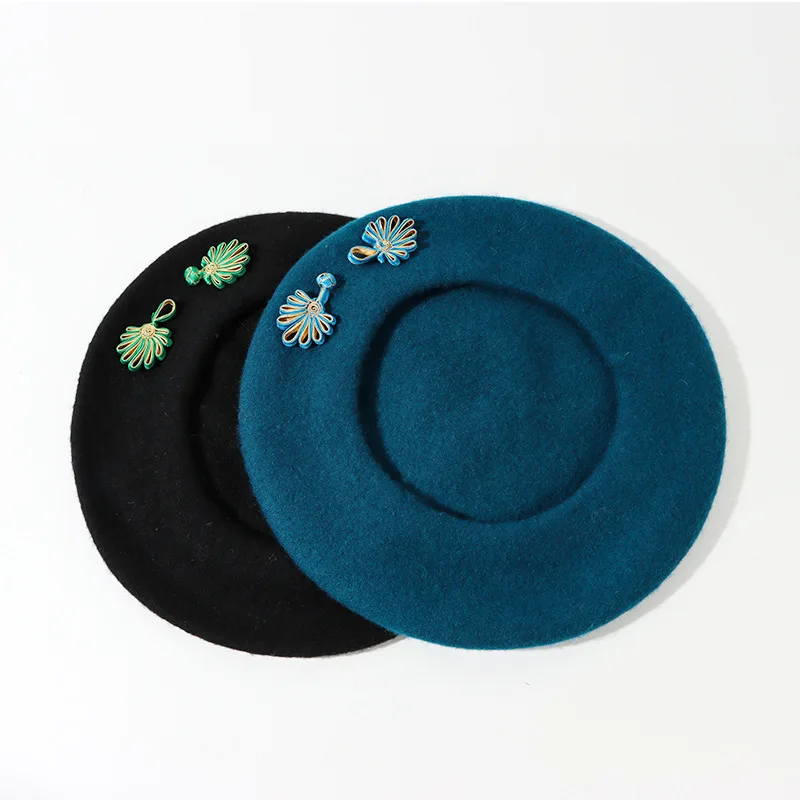 

VISROVER Chinese knote solid 100% Wool Winter beret female Autumn cap wool Bright warm hat top quality Women Boina Wholesale