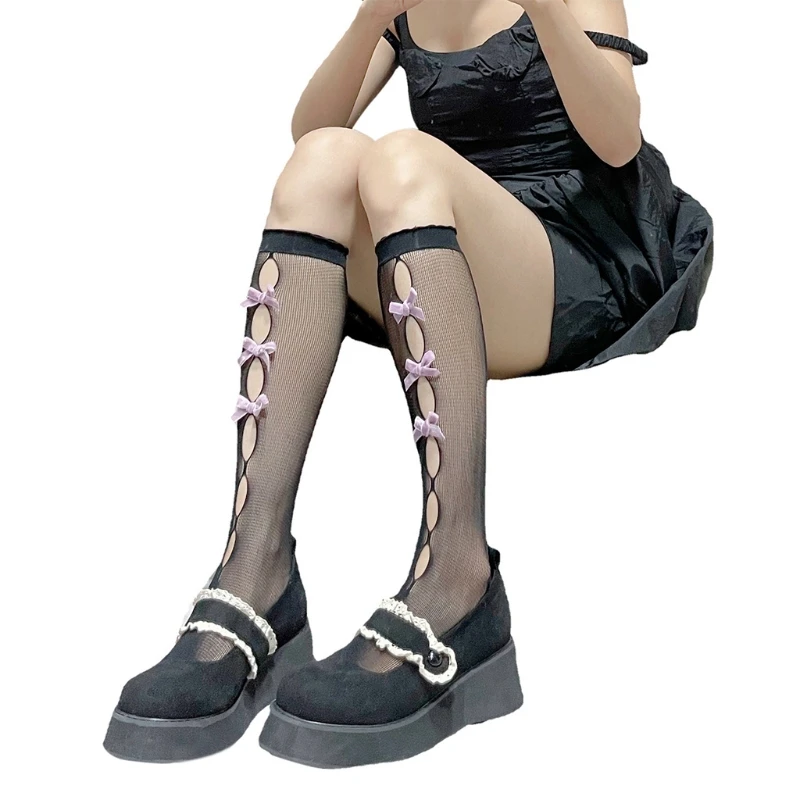 

Women Girl Hollow Out Fishnet Calf Socks Sweet Small Velvet Bow Lolita Stockings
