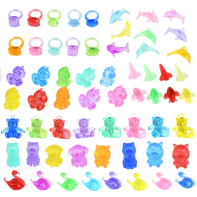 

10pcs Cute Mini Cartoon Transparent Acrylic Mixed Colour Kids Toys Rings Bear Pendant Unicorn Dolphin Airplane Children Toy Gift