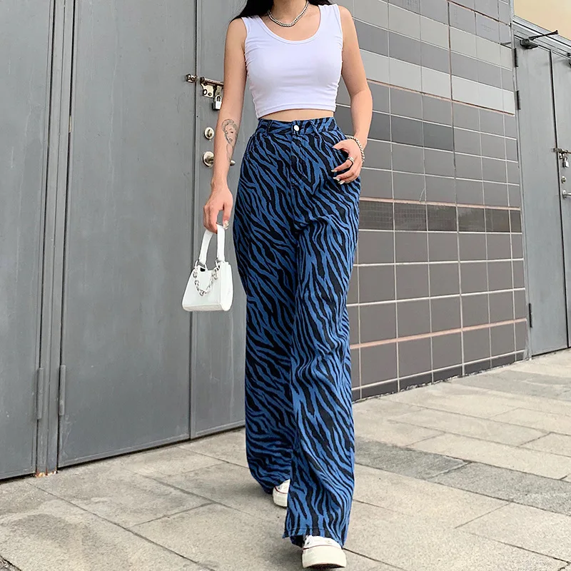 

Y2k Zebra Stripes Jeans Loose Wide Leg Pants Women Vintage Indie High Waist Denim Pants 2021 New Fashion Spring Autumn Trousers
