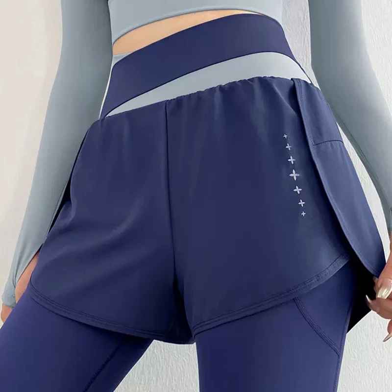 F.DYRAA Women's Gym Leggings Elastic High Waist Fake Two Pieces Yoga Pants With Zipper Pockets Sportswear Woman Gym Yoga Wear